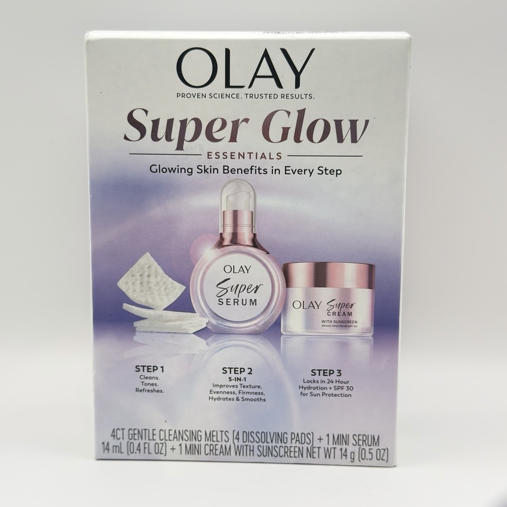 Olay Super Glow Essentials 3-Step Kit Serum Cream Cleanser Set New Skincare New